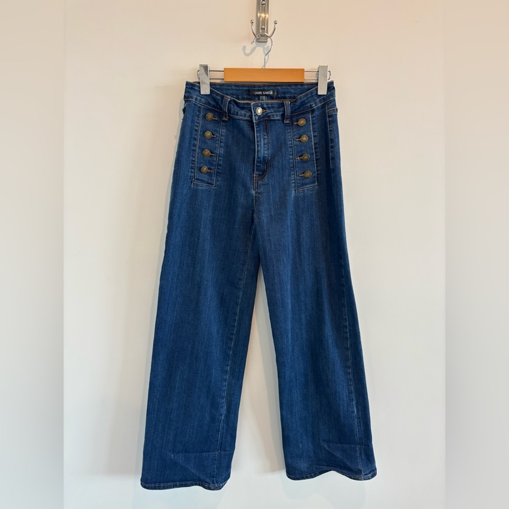 Gabby Isabella Wide Leg Jeans in Dark Blue with Brass Buttons